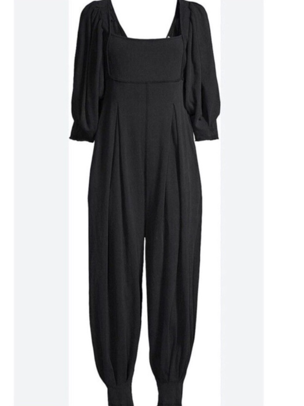 Free People “Lotta Love” over-washed Black Square-Neck Puff-Sleeve Jumpsuit- S - Picture 4 of 15